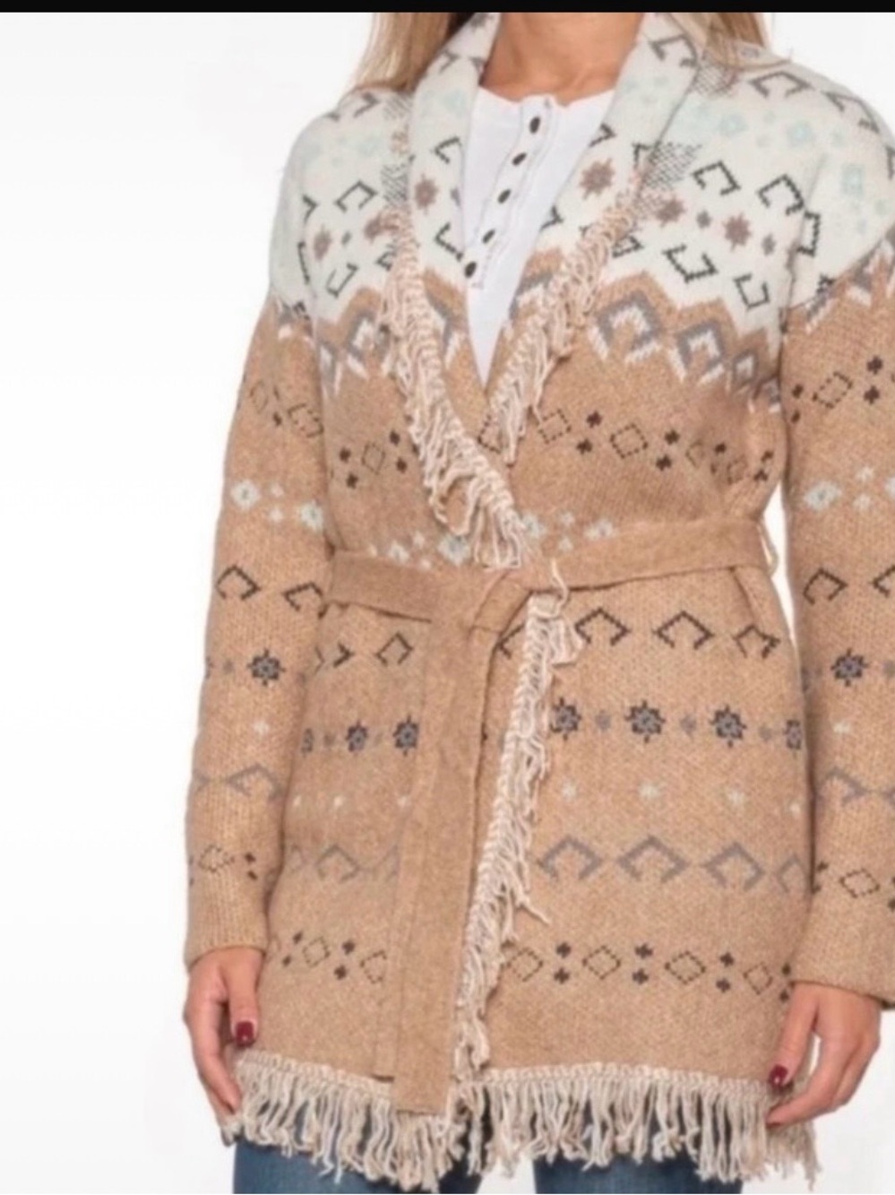 Lucky Brand Beige Fringe Shawl-Collar Belted Cardigan